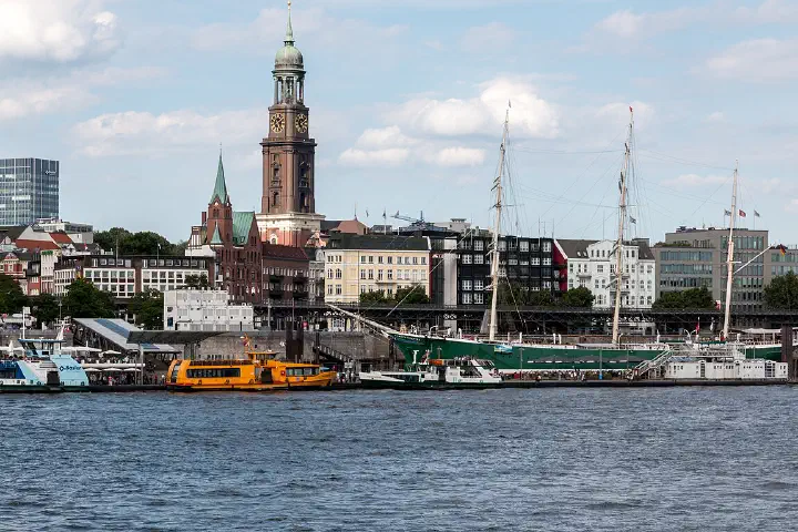 St Michael's Church and the ship Rickmer Rickmers, Hamburg.