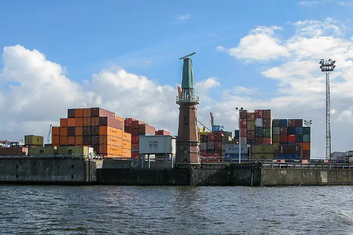 The Ellerholzhöft lighthouse and radar tower, Port of Hamburg.