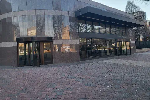 The main entrance of the Charlotte branch of the Federal Reserve Bank of Richmond, March 2024.