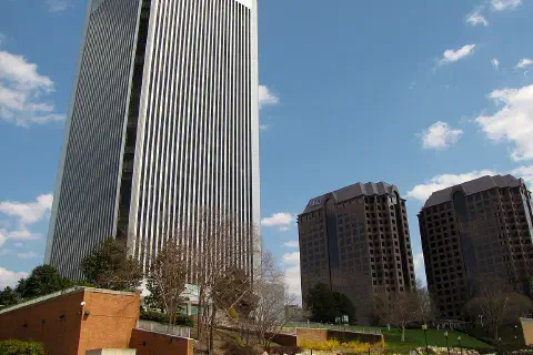 The Federal Reserve building and Riverfront Plaza, as seen from Tredegar Street.