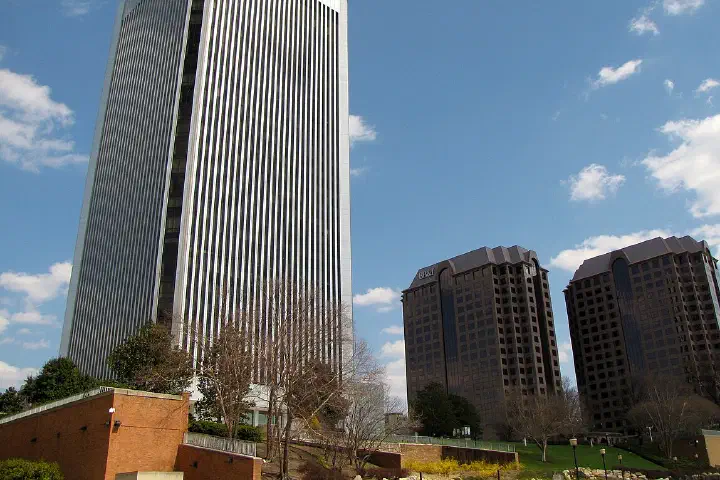 The Federal Reserve building and Riverfront Plaza, as seen from Tredegar Street.