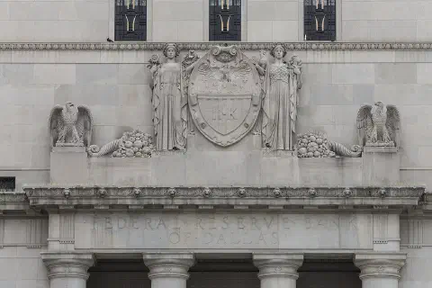The entrance to the 1920 Federal Reserve Bank building in Dallas, Texas.