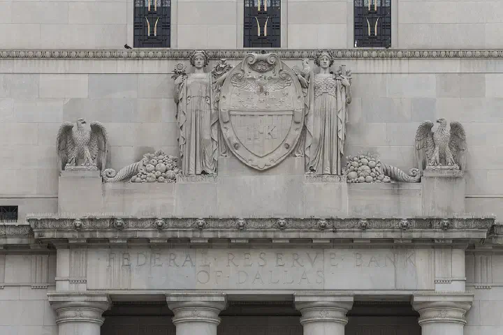 The entrance to the 1920 Federal Reserve Bank building in Dallas, Texas.
