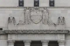 The entrance to the 1920 Federal Reserve Bank building in Dallas, Texas.