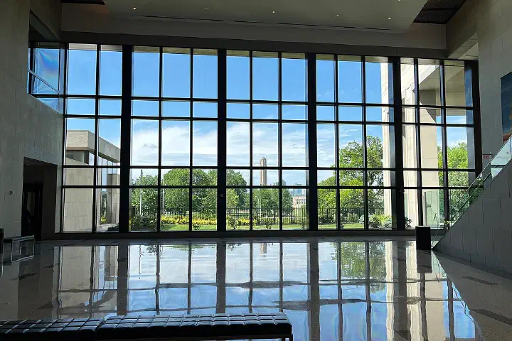 The National World War I Museum and Memorial, viewed from inside the Federal Reserve Bank of Kansas City in 2025.