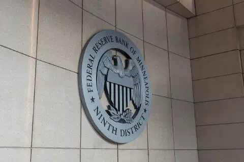 The entrance to the Federal Reserve Bank in downtown Minneapolis, Minnesota.