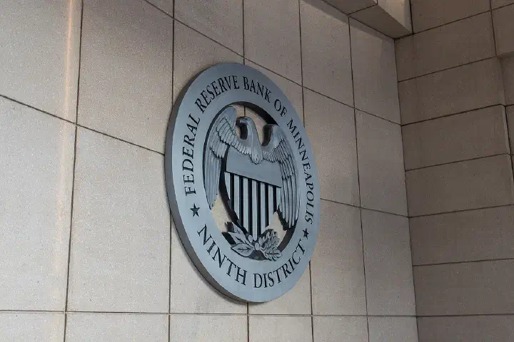 The entrance to the Federal Reserve Bank in downtown Minneapolis, Minnesota.