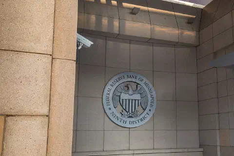 Surveillance camera outside the Federal Reserve Bank of Minneapolis in Minneapolis, Minnesota