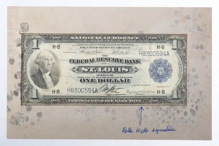 A currency certificate from the Federal Reserve Bank, signed by Rolla Wells.