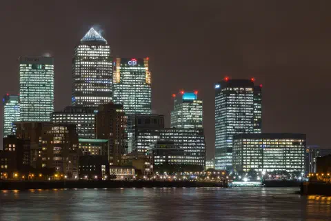 Canary Wharf seen from Wapping, East London.