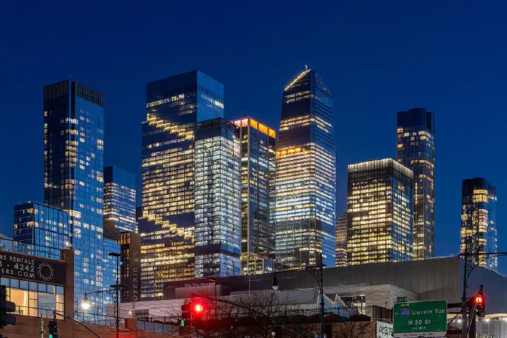 The Hudson Yards skyline, New York, at night.