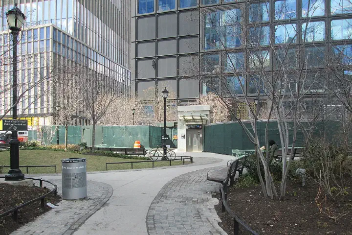 The Hudson Yards development in New York City in March 2019, at the base of 35 and 55 Hudson Yards.