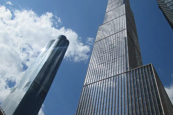 The Hudson Yards development in New York City in March 2019, looking up from 33rd Street at 15 and 35 Hudson Yards.