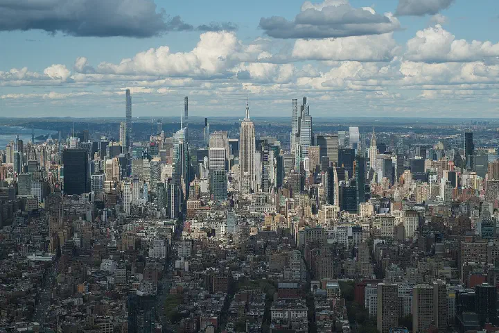 The Midtown Manhattan skyline from the One World Observatory, with the Empire State Building at center.