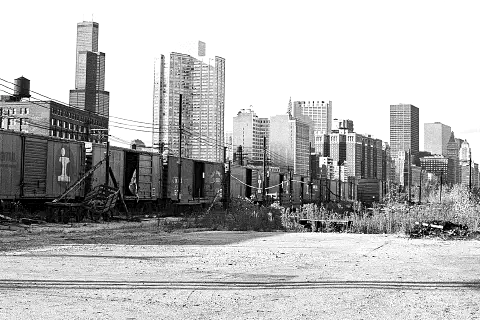 Looking north to the Loop from the rail yards west of the Field Museum, Chicago, 1978.