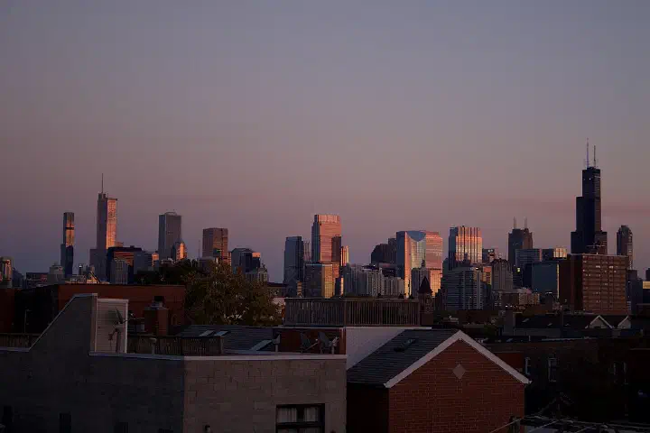 The Chicago Loop skyline at sunset.