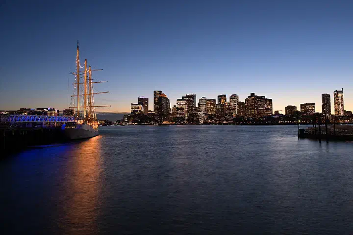 The skyline of the Financial District in Boston, as seen from East Pier Drive in Jeffries Point, East Boston.