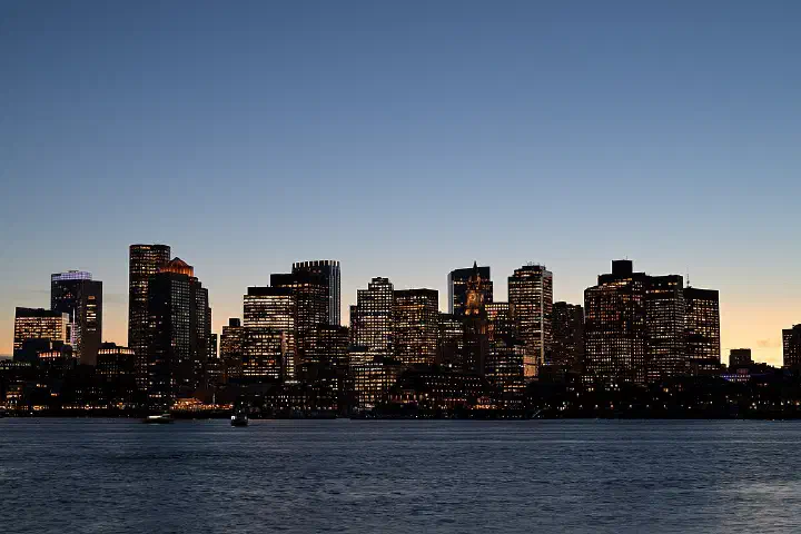 The skyline of the Financial District in Boston, as seen from East Pier Drive in Jeffries Point, East Boston.