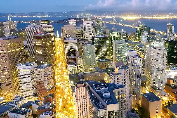 A night-time long exposure of San Francisco's Financial District.