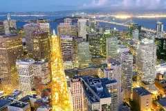 A night-time long exposure of San Francisco's Financial District.