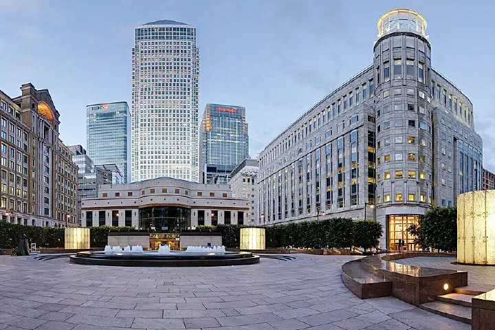 A panoramic view of the three tallest skyscrapers in Canary Wharf, London, from Cabot Square.