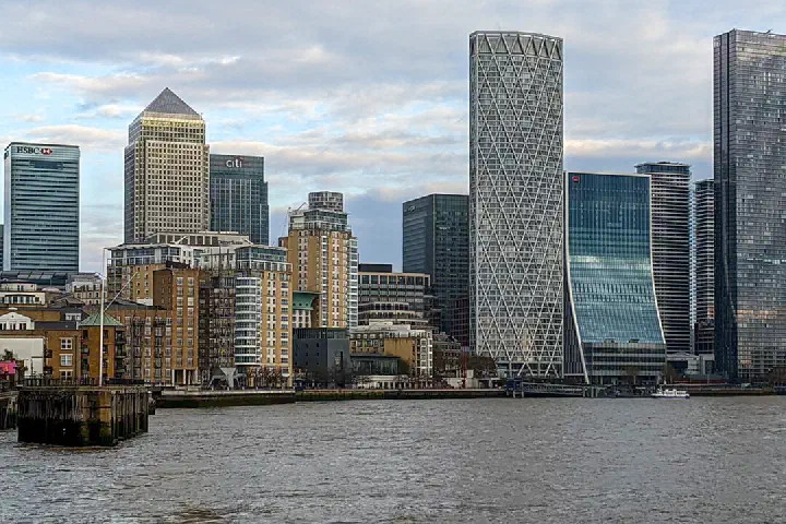 Canary Wharf from the entrance to Limehouse Basin, London.