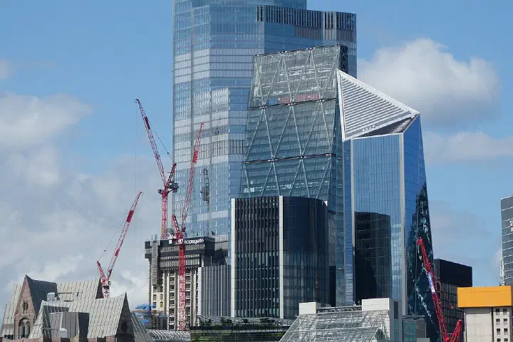 The Eastern Cluster of skyscrapers in the City of London, seen across the River Thames from Butler's Wharf.