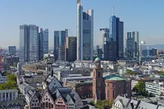 The high-rises of Frankfurt's banking district, seen from St. Bartholomew's Cathedral, 2012.