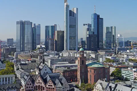 The high-rises of Frankfurt's banking district, seen from St. Bartholomew's Cathedral, 2012.