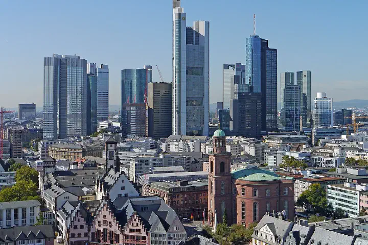 The high-rises of Frankfurt's banking district, seen from St. Bartholomew's Cathedral, 2012.