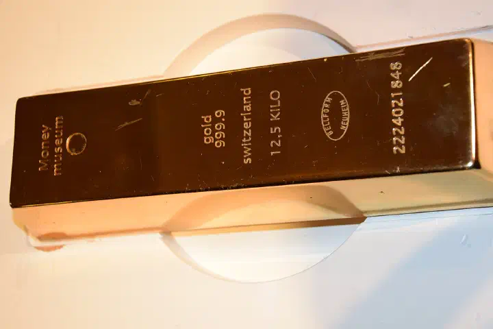 A gold bullion bar at the Swiss Money Museum, Zurich.