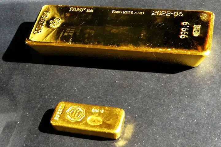 A gold ingot and bar at the Banque de France, Paris.