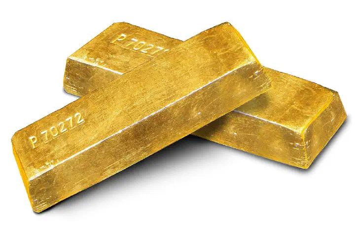 Gold ingots on a white background.