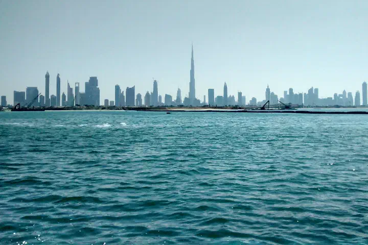 The Dubai skyline from the sea.