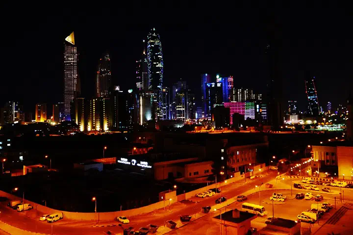 The Kuwait City skyline at night.