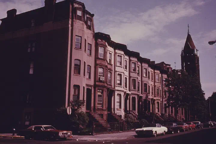 A block of brownstone residences in Park Slope, Brooklyn, New York City.