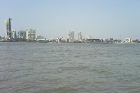 The Mumbai skyline, seen from the Haji Ali Causeway.