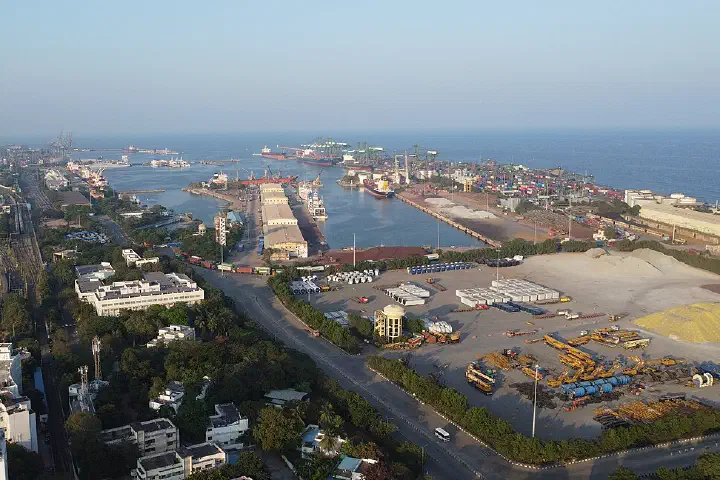 An aerial view of Chennai Port and the Chennai Port Trust Centenary Building.