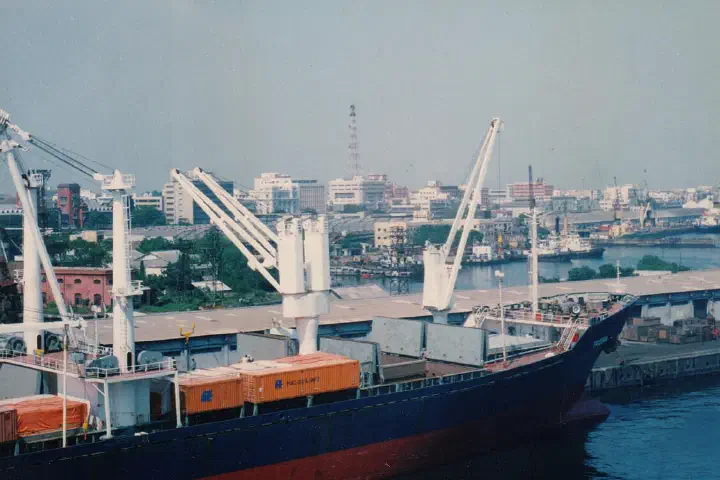 Madras Port, with buildings on Rajaji Road in the background.