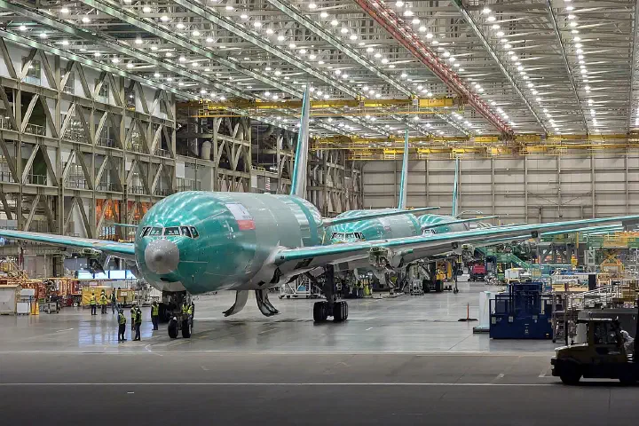 A view of unfinished Boeing 777X fuselages at the Boeing Everett Factory, seen from the nearby Boeing Freeway.