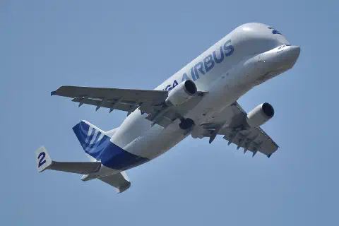 An Airbus Beluga transport aircraft at Toulouse-Blagnac, June 2014.
