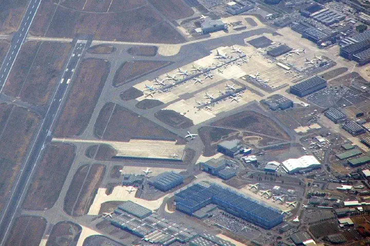 An aerial view of the Airbus assembly site at Toulouse Airport, France.