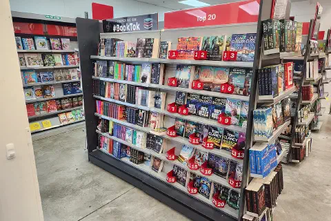 Bookshelves at The Warehouse in Paraparaumu, New Zealand, including a BookTok section.
