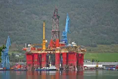 An oil and gas drilling platform at a shipyard in Norway