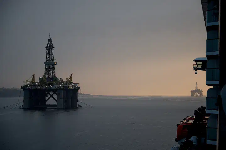 Drilling rigs in the Cromarty Firth near Invergordon, waiting to be dismantled.
