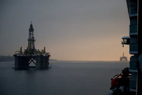 Drilling rigs in Cromarty Firth near Invergordon waiting to be dismantled