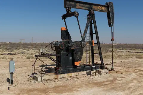 Oil pumpjack operating on a well in the Permian Basin near Monahans, Texas, one of the most productive oil-producing regions in the United States