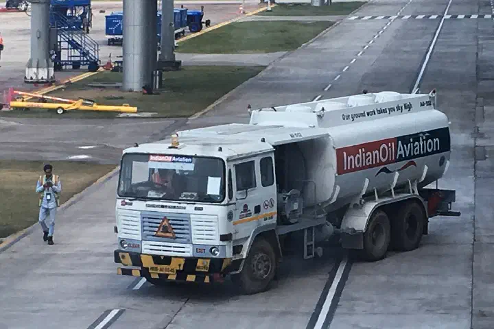 An IndianOil aviation fuel tanker at Indira Gandhi International Airport, New Delhi.