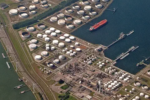 Aerial view of the 5th Petroleum Port of the Europort section of the harbour of Rotterdam, Netherlands, June 2014