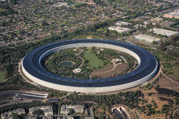 Apple Park, Apple's headquarters in Cupertino, California, from the air.
